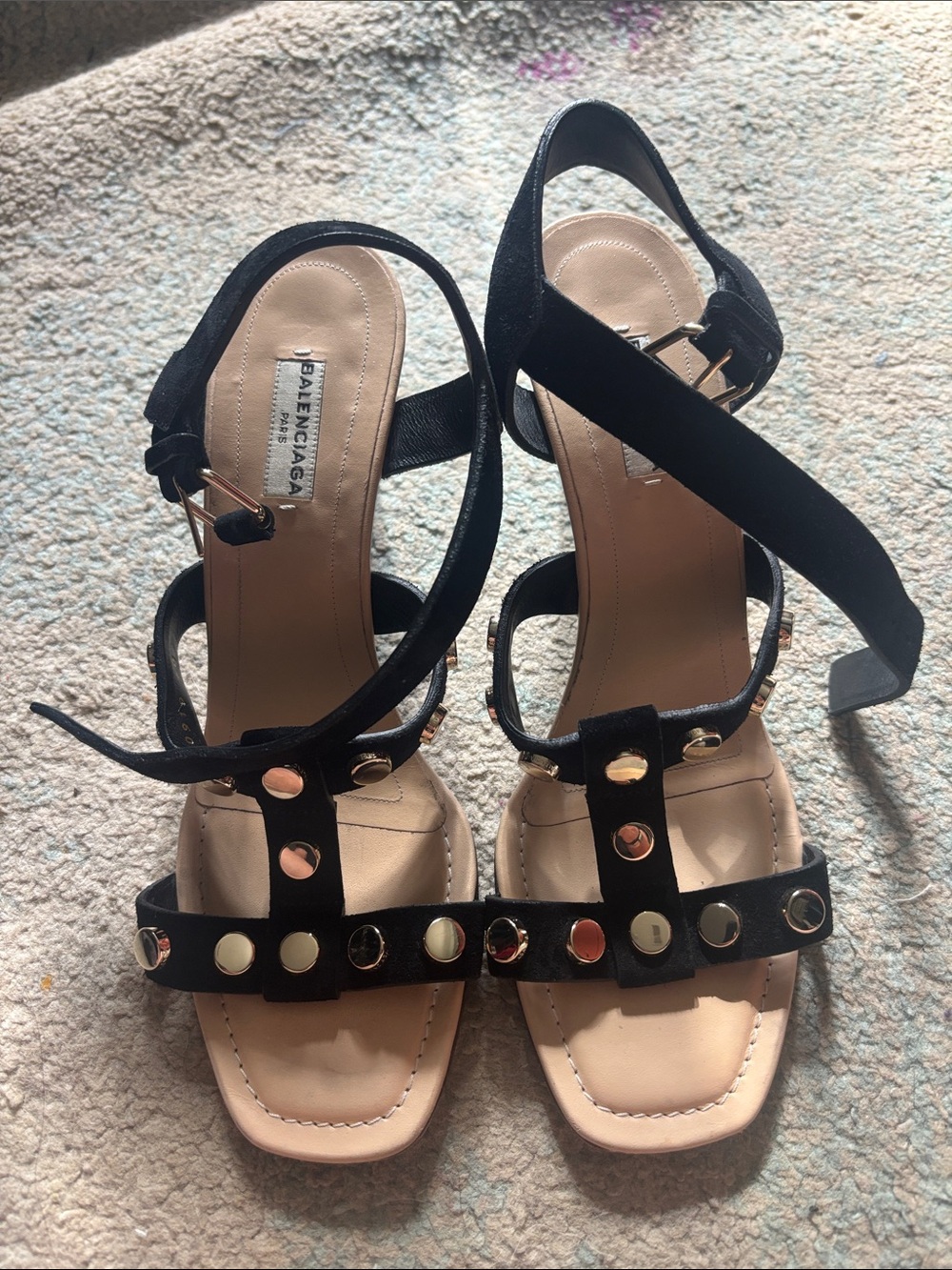 Balenciaga Black Suede Studded Ankle-Strap Heels / Gladiator Wedges